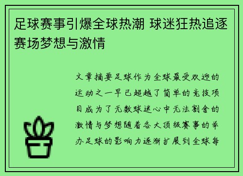 足球赛事引爆全球热潮 球迷狂热追逐赛场梦想与激情