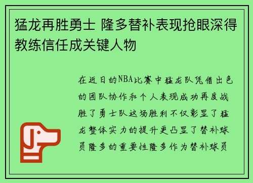 猛龙再胜勇士 隆多替补表现抢眼深得教练信任成关键人物