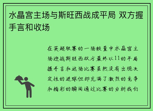 水晶宫主场与斯旺西战成平局 双方握手言和收场